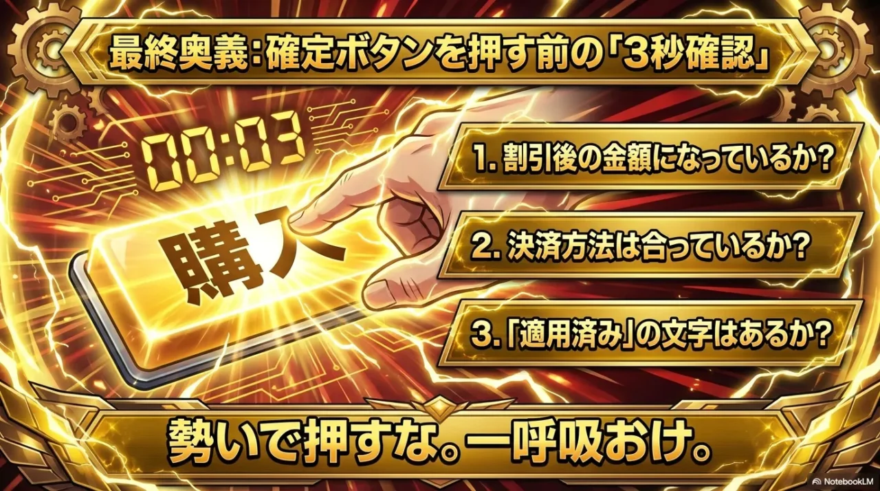 決済確定ボタンを押す前の3秒間で行う割引と適用済みの確認リスト
