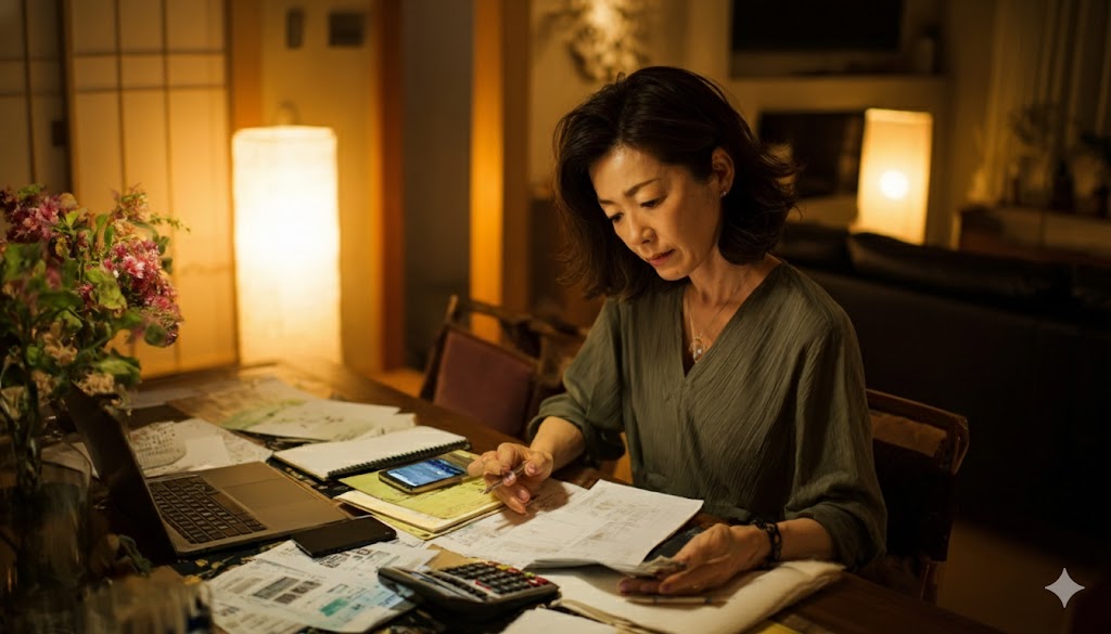 夜の自宅で家計簿や請求書、電卓を使い、退職後の生活費を慎重にシミュレーションする40代日本人女性