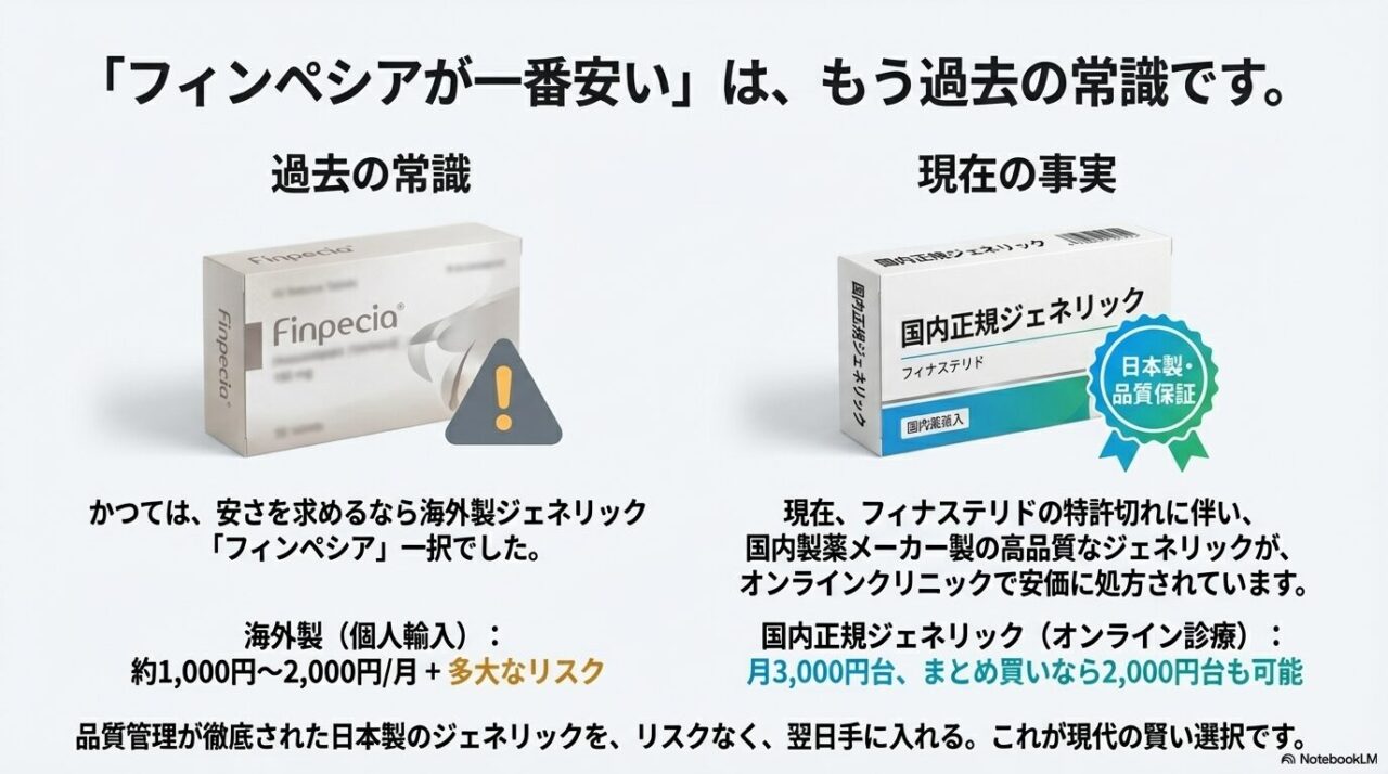 かつての常識だった「フィンペシア一択」から、現在は国内正規ジェネリックも同等の低価格で入手可能になったことの対比