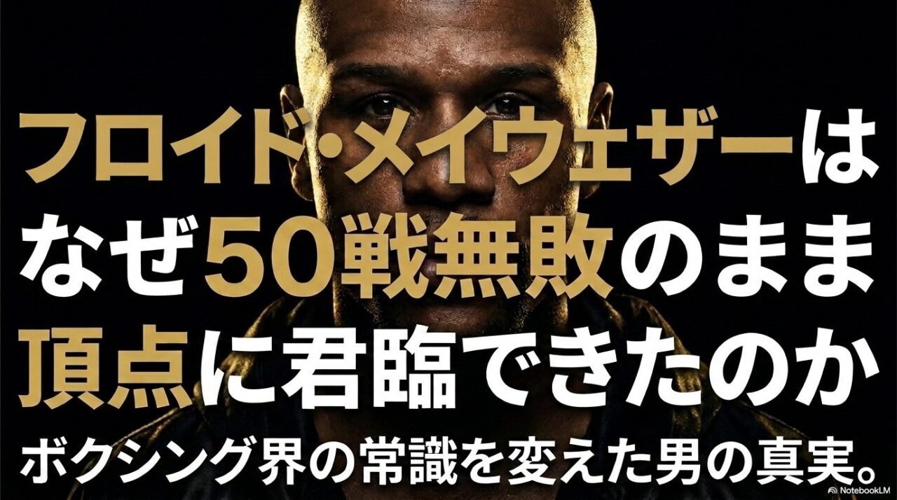 金色と黒の光に照らされたフロイド・メイウェザーの顔のアップに、「なぜ50戦無敗のまま頂点に君臨できたのか」という記事タイトルが重なったアイキャッチ画像。