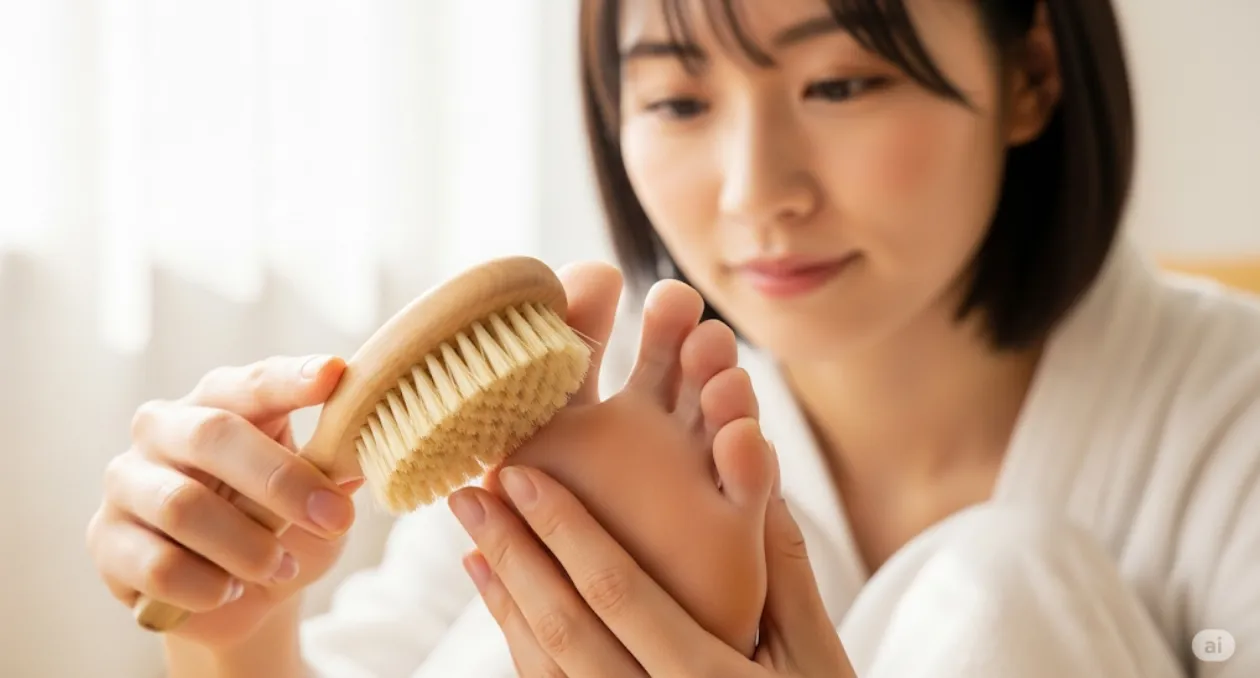 白いバスローブを着た若い女性が、微笑みながら木製のフットブラシで自分の足の裏を優しくこすっているクローズアップ写真。彼女の肌は滑らかで、丁寧なケアを示唆している。背景は自然光が入る明るい室内。