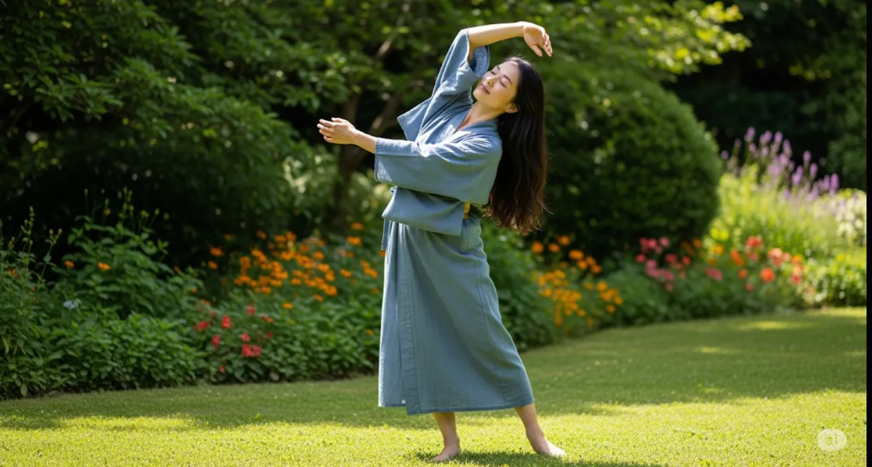 緑豊かな庭で、水色のバスローブのような衣類を身につけ、裸足で立つ長髪の若い女性が、目を閉じ、両手を広げてゆっくりと伸びをしている全身写真。周囲には緑の芝生、様々な緑の葉を持つ植物、オレンジや紫の花が咲いている。穏やかでリラックスした雰囲気が漂っている。