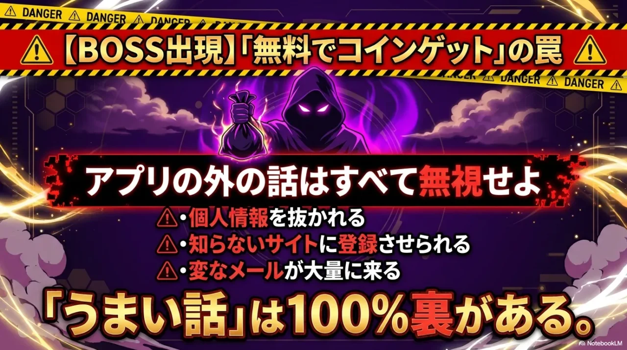 無料でコインゲットを謳う外部サイトの危険性と個人情報抜き取りリスク