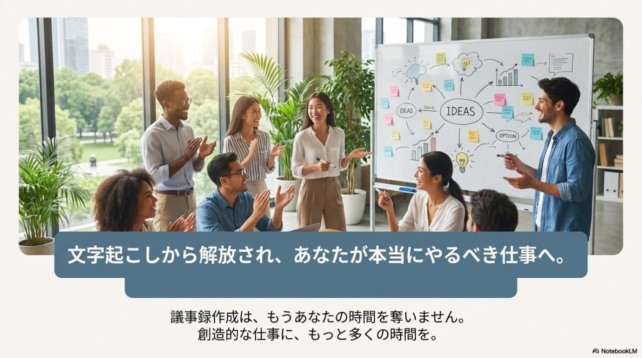 文字起こし作業を減らして、本当にやるべき仕事に時間を使うメッセージを会議シーン写真で伝えるスライド。