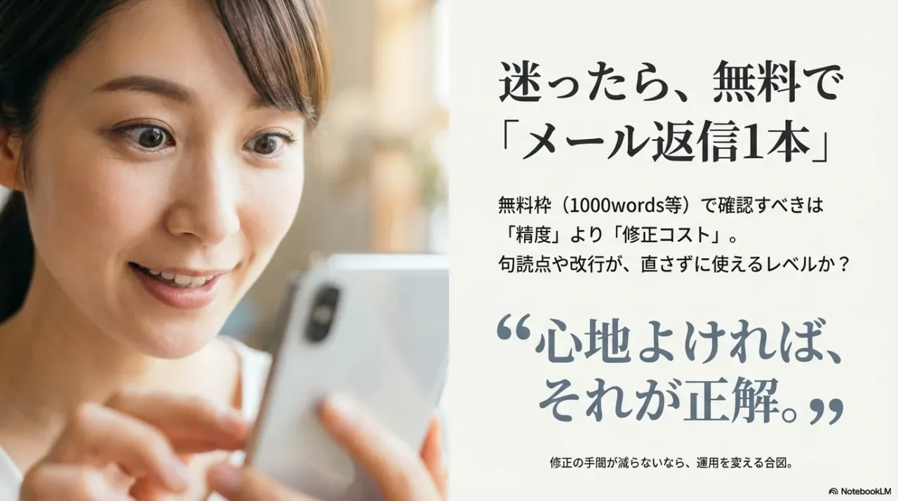 音声入力の無料枠テストでは、文字認識の精度よりも句読点や改行の修正コストを確認することを推奨する図解。