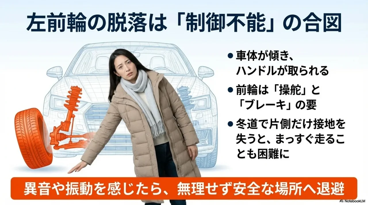 左前輪が外れると制御が難しくなる理由を示す画像