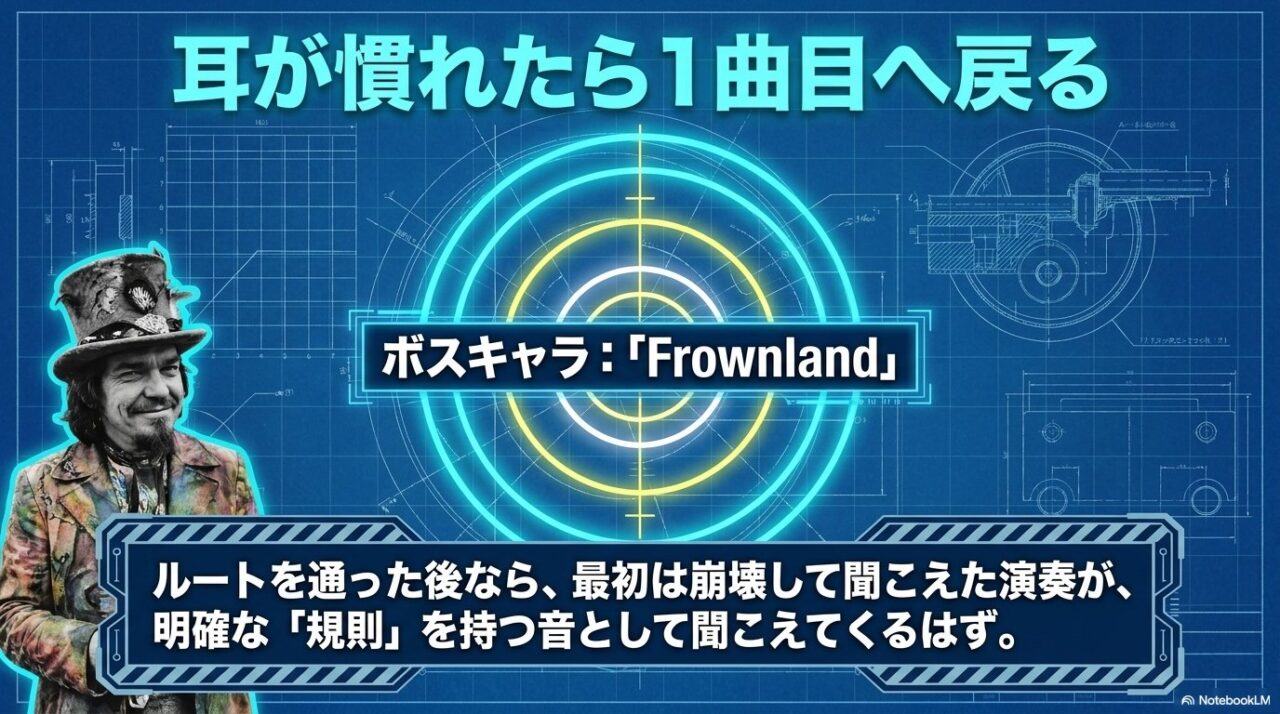 青い設計図風背景の同心円中央に「ボスキャラ:Frownland」と表示し、四曲で耳を慣らした後に1曲目へ戻る聴き方を示す図。