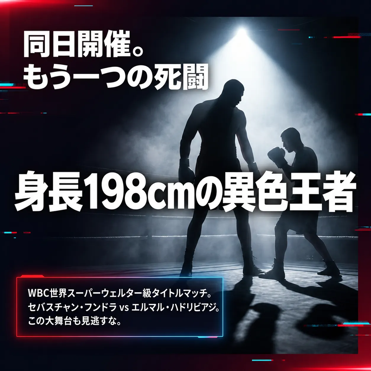 暗いリングで身長差の大きい二人のボクサーをシルエットで描き、「同日開催。もう一つの死闘」「身長198cmの異色王者」と世界戦カードの説明を重ねた画像。