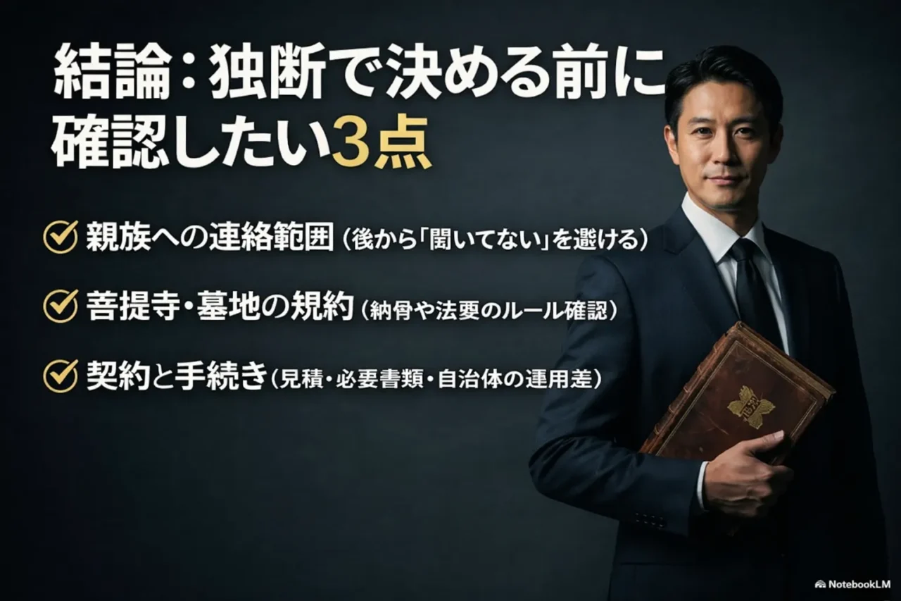 独断で葬儀を進める前に確認すべき3つのポイントを示した解説イメージ