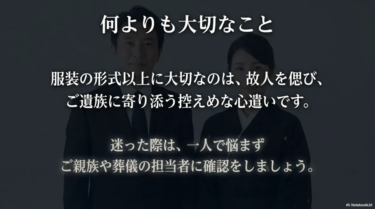 葬儀の平服で迷ったときは、服装の形式よりも故人を偲び遺族に寄り添う控えめな心遣いが大切だと伝える画像