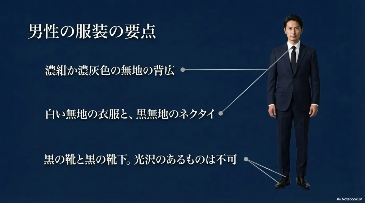 葬儀での平服における男性の服装の要点を示す画像