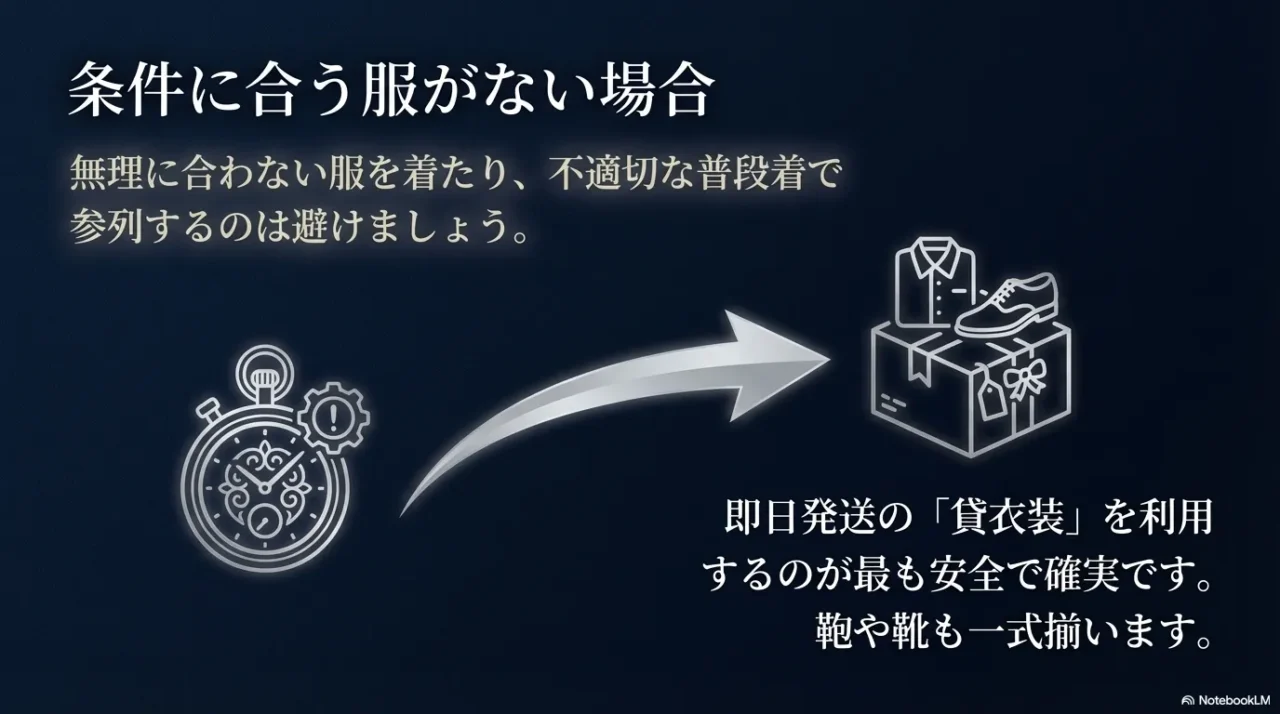 条件に合う服がないときは即日発送の礼服レンタルが有効だと示す画像