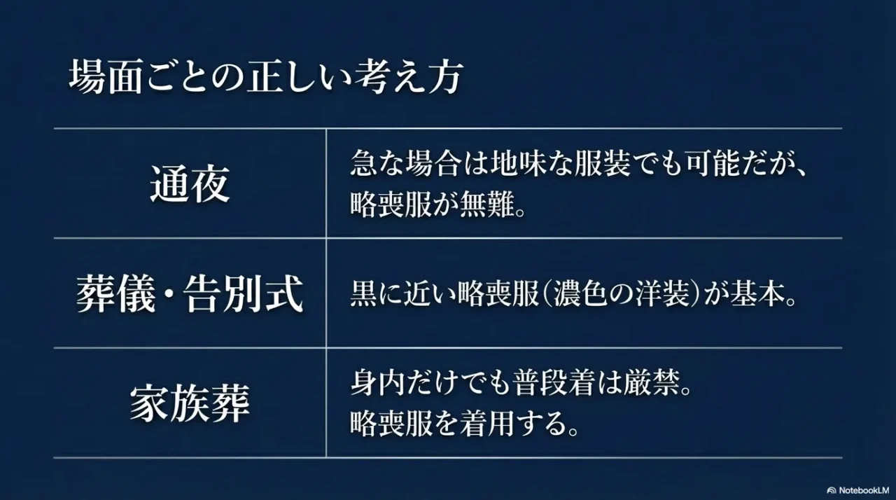 通夜、葬儀・告別式、家族葬での平服の考え方をまとめた比較画像