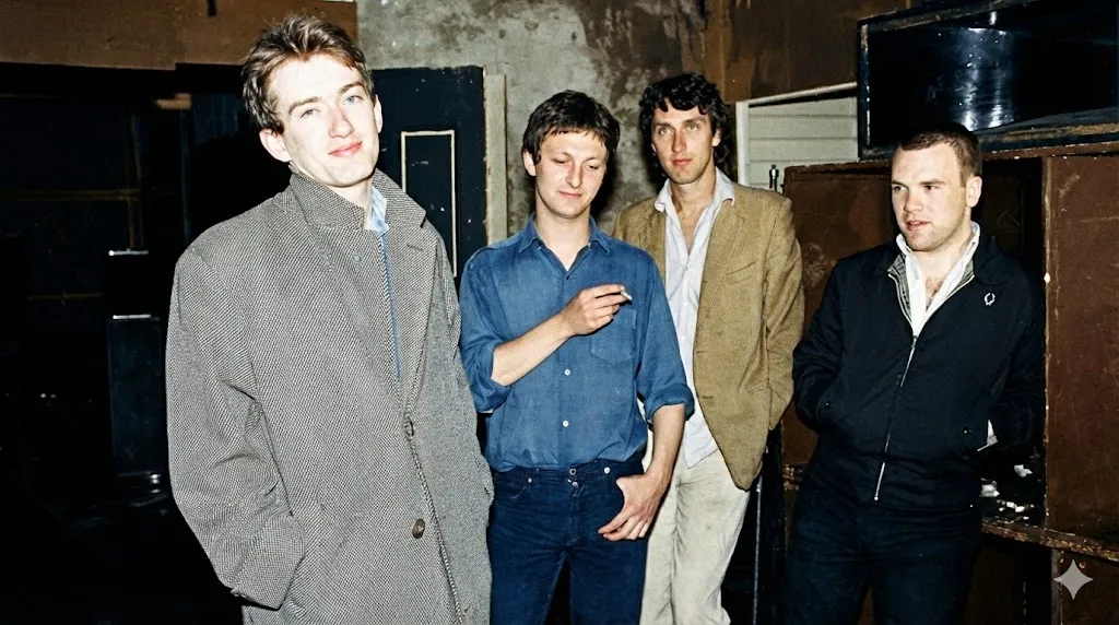 4人の若い男性が室内で並んで立っている様子を写した写真