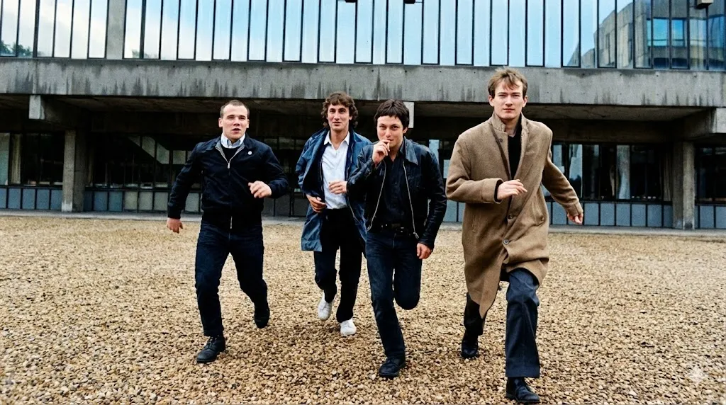 4人の若い男性が建物前の広場を走っているシーン