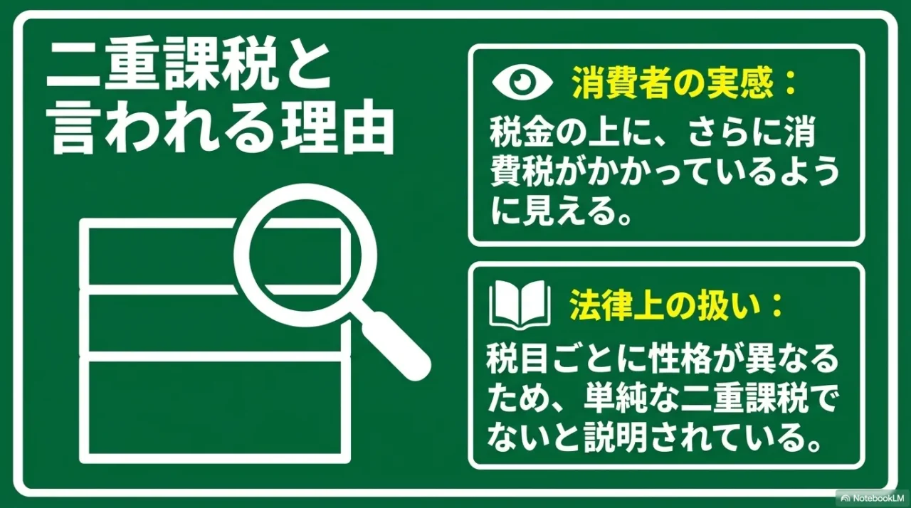 ガソリンが二重課税と言われる理由と法的な整理を示した画像