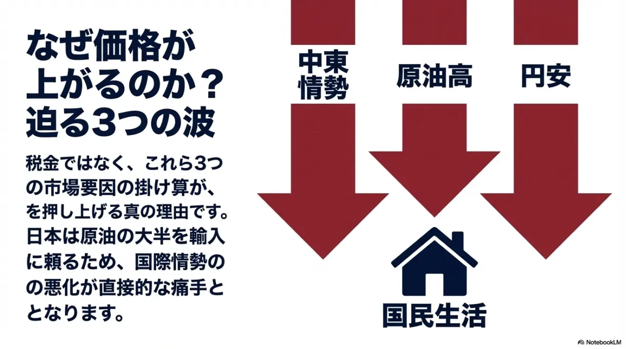 ガソリン価格上昇の要因として中東情勢と原油高と円安の3つを示す画像