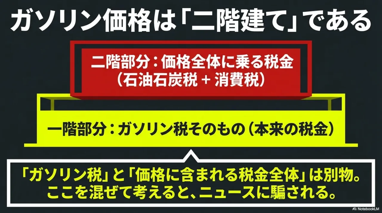 ガソリン税そのものと価格全体に含まれる税金を二階建て構造で示した画像