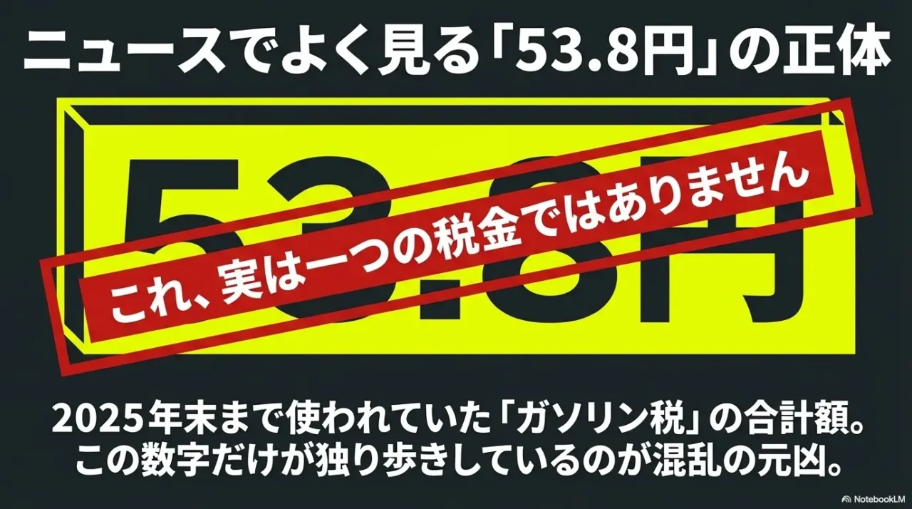 ガソリン税そのものと価格全体に含まれる税金を二階建て構造で示した画像