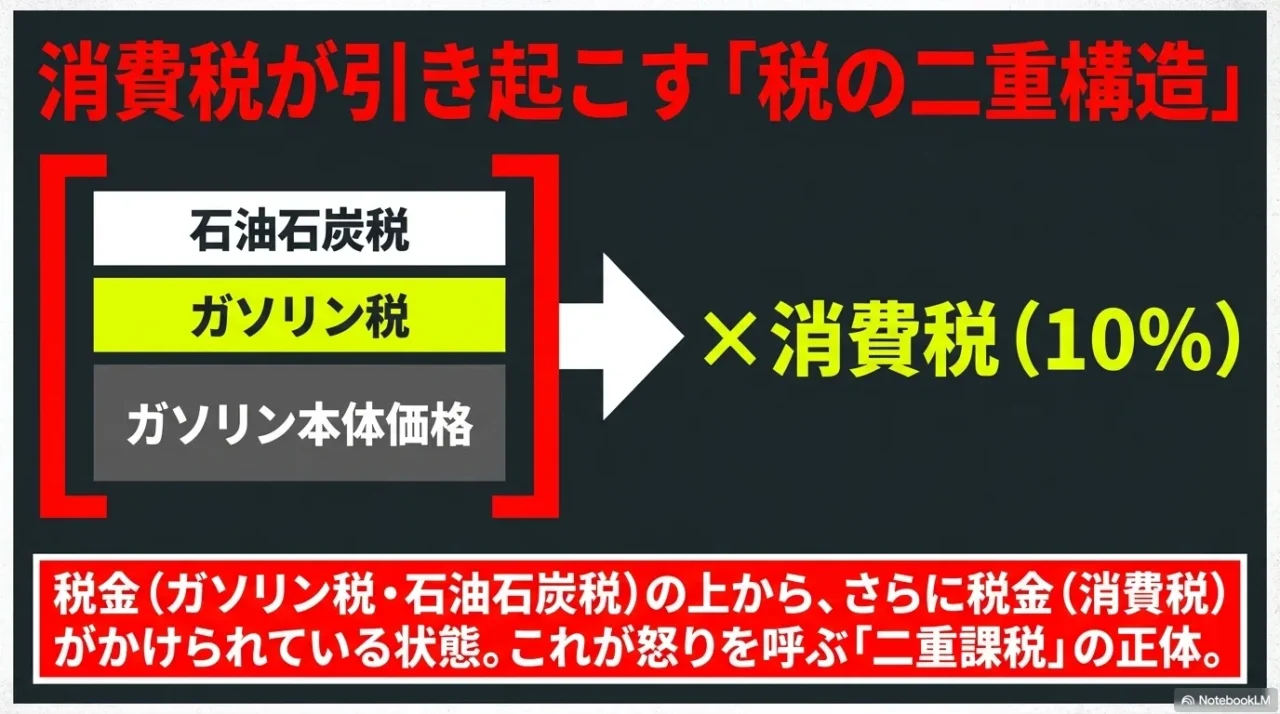 ガソリン本体価格と税金の合計に消費税がかかる構造を示した画像