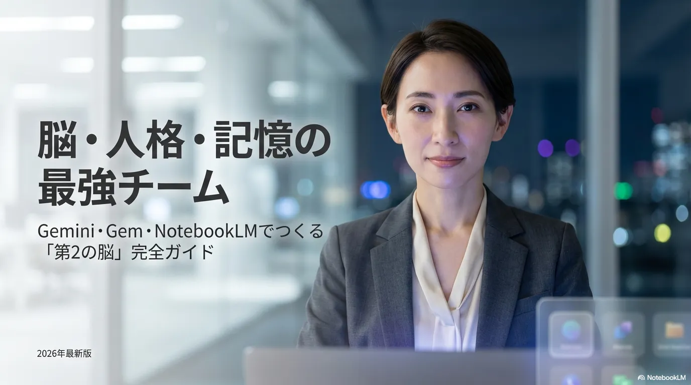 Google AIエコシステムの3つの柱であるGemini（脳）、Gems（人格）、NotebookLM（記憶）のそれぞれの役割と関係性を示した図解イラスト。