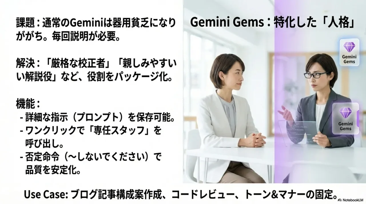 Gemini Gemsの作成画面キャプチャ。「ブログ記事構成案作成ジェム」のインストラクション（指示）を入力し、ペルソナを設定している様子。