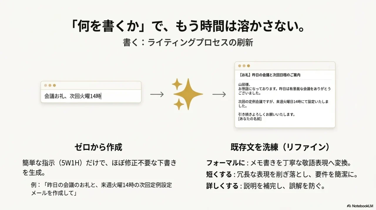 GeminiのHelp me write機能を使ってゼロからメールを作成したり既存の文章を推敲したりするプロセス