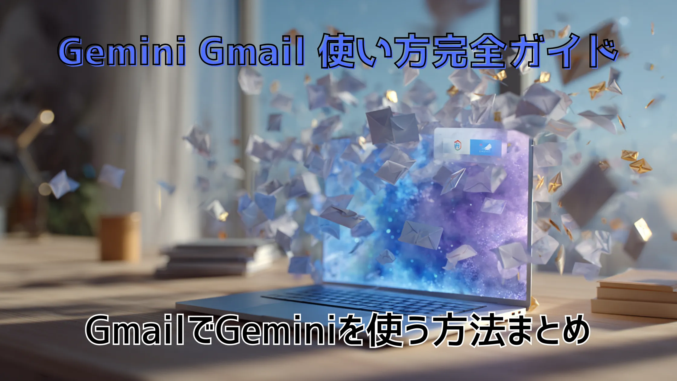 ノートPCの画面から多数の封筒が飛び出すイメージ。GeminiをGmailで使う方法（要約・返信作成など）を解説する記事のアイキャッチ。