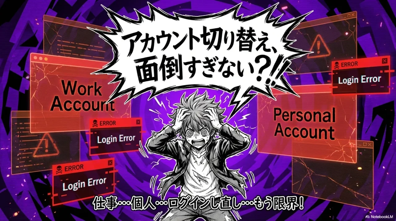 仕事用と個人用アカウントの切り替えが面倒になる問題を示すイメージ