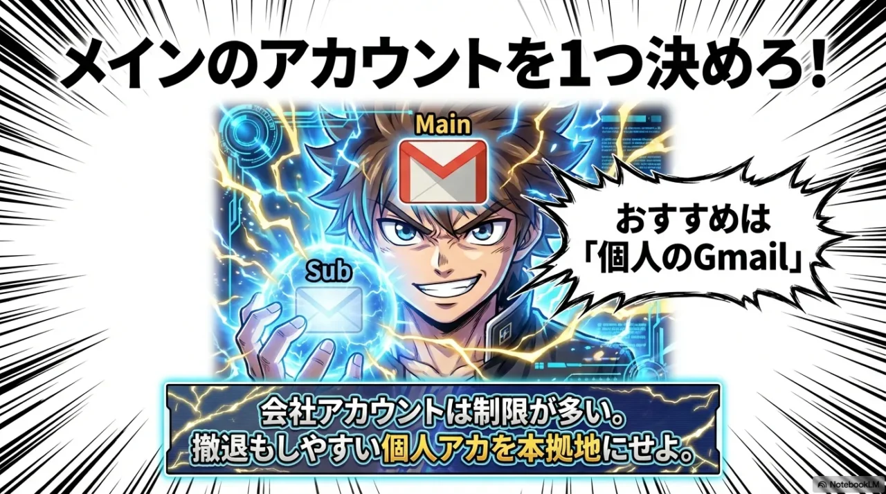 Gemini運用はメインアカウントを1つに固定し個人Gmailを推奨する図