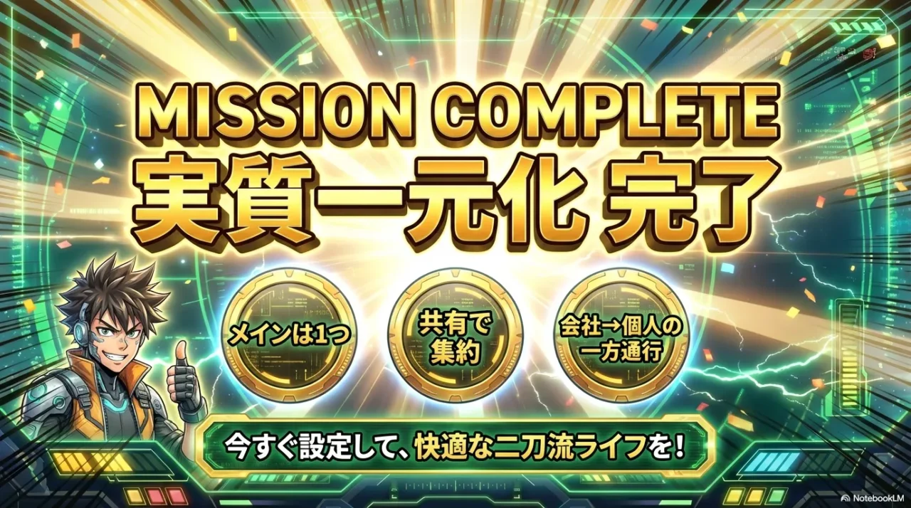 メインは1つ・共有で集約・会社→個人の一方通行で実質一元化完了のまとめ図