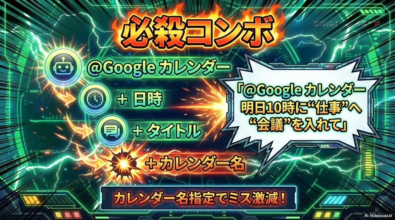 Geminiでカレンダー操作するプロンプトの型（@Googleカレンダー＋日時＋タイトル＋カレンダー名）