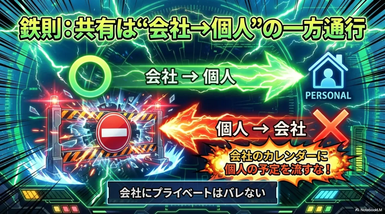 会社カレンダーを個人に共有し個人→会社は避けるセキュリティ方針の図