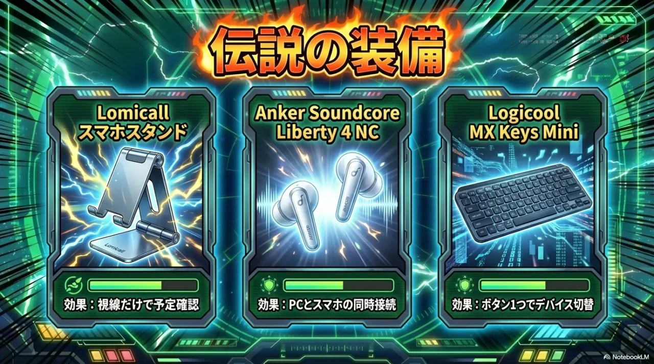 スケジュール管理を快適にする周辺機器（スマホスタンド・イヤホン・キーボード）のイメージ