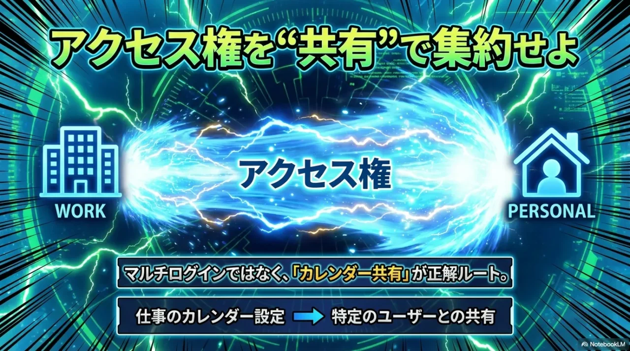 仕事カレンダーを個人アカウントに共有してアクセス権を集約する図