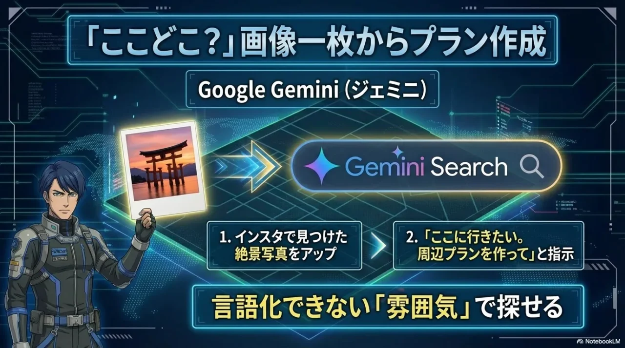 写真をアップして場所を特定し、周辺プラン作成につなげるGemini活用の流れを示す画像