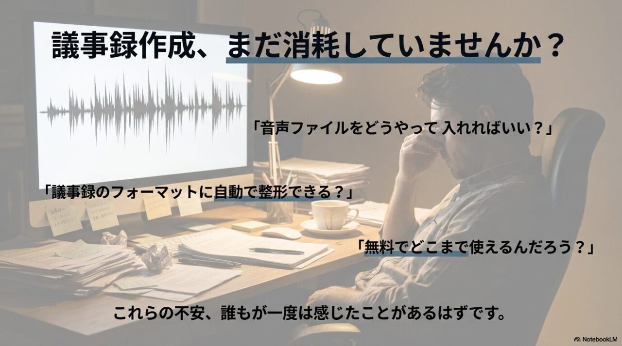 議事録作成に疲れている場面と、「音声ファイルの入れ方」「無料範囲」「自動整形」などの不安を示すスライド。