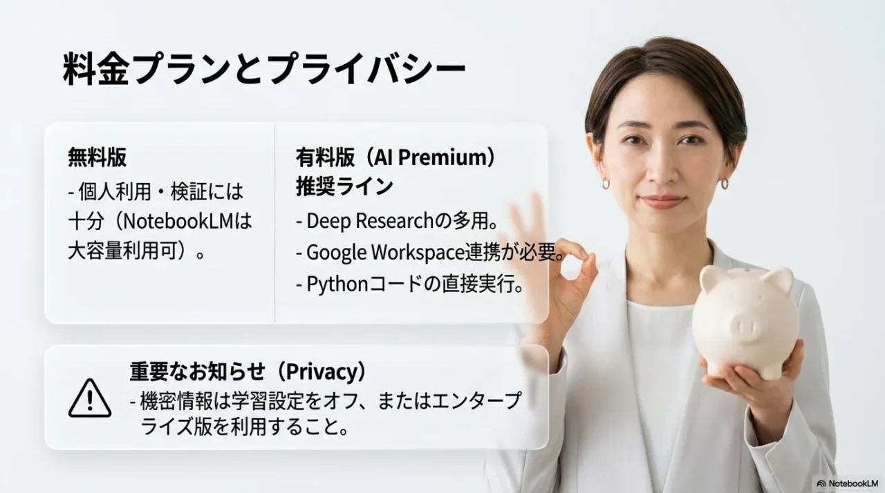 「料金プランとプライバシー」と題されたスライド。左側に無料版の特徴、右側に有料版（AI Premium）の推奨条件、下部にプライバシーに関する重要なお知らせ（機密情報の扱い）が記載されている。右側に貯金箱を持つ女性の写真。