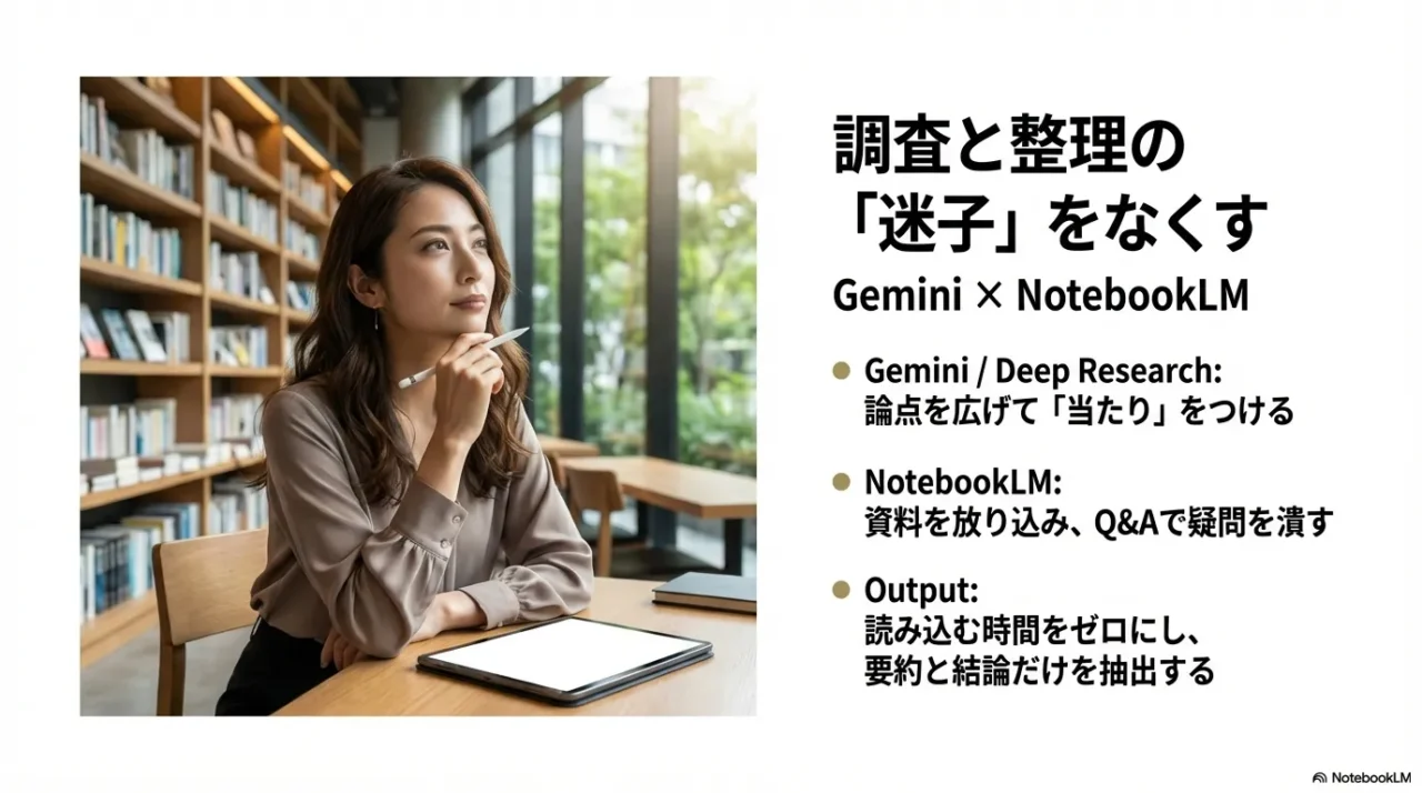 Geminiで当たりをつけNotebookLMで整理する調査業務の効率化フロー図(KNIL)