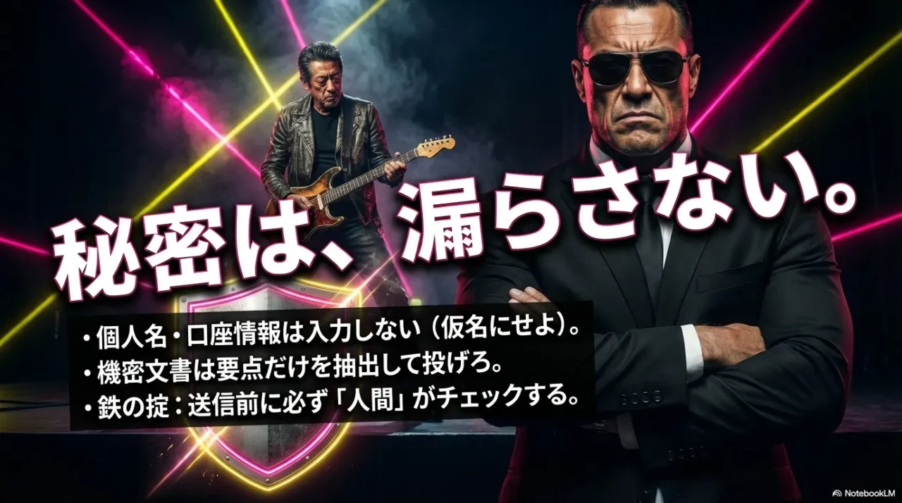 個人情報や口座情報は入力しない、機密は要点だけ、人間が最終確認するという注意点