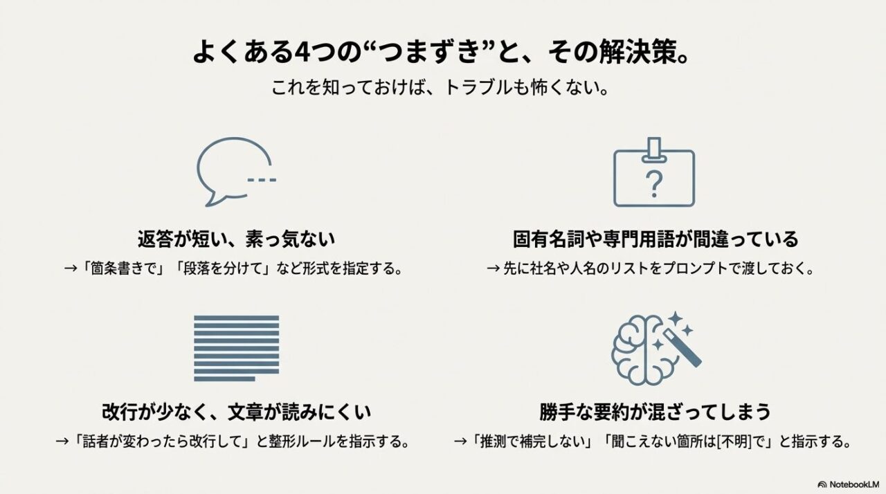 返答が短い・固有名詞ミス・改行が少ない・要約が混ざる、4つのつまずきと対策を整理したスライド。