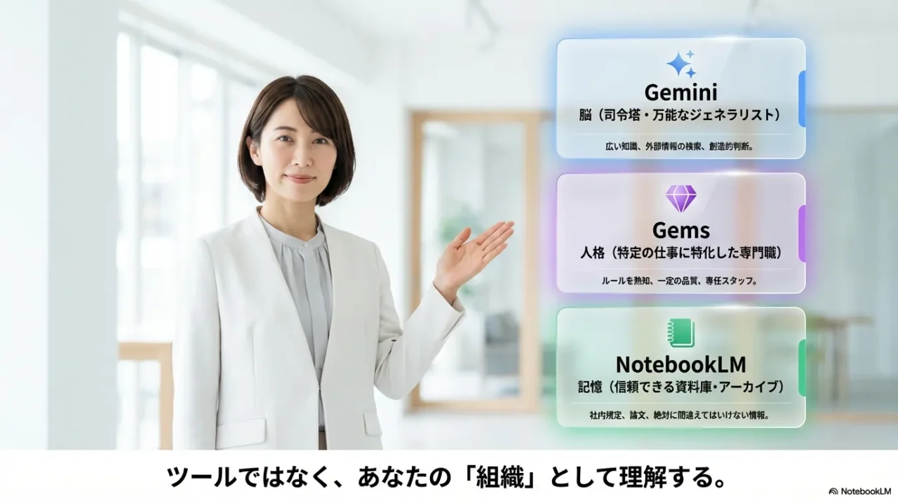 Gemini（Gems含む）とNotebookLMのソース保存期間、容量、外部検索機能の違いをまとめた比較表。フロー型とストック型の違いを強調している。