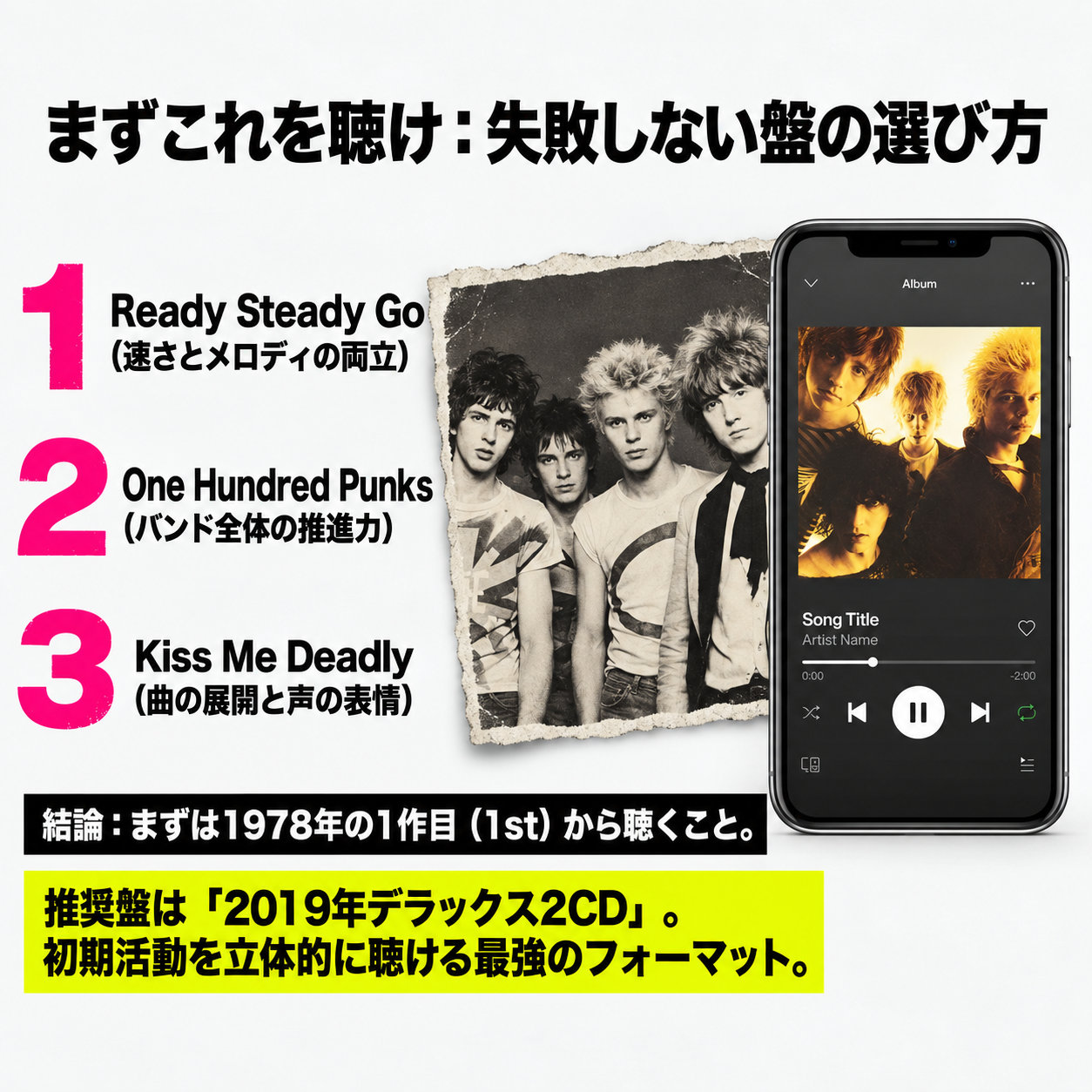 ジェネレーションXの代表曲3曲をピンクの番号で並べた選曲ガイド。右側にはメンバー写真と、Apple Music風の再生画面を模したスマートフォン画像がある。