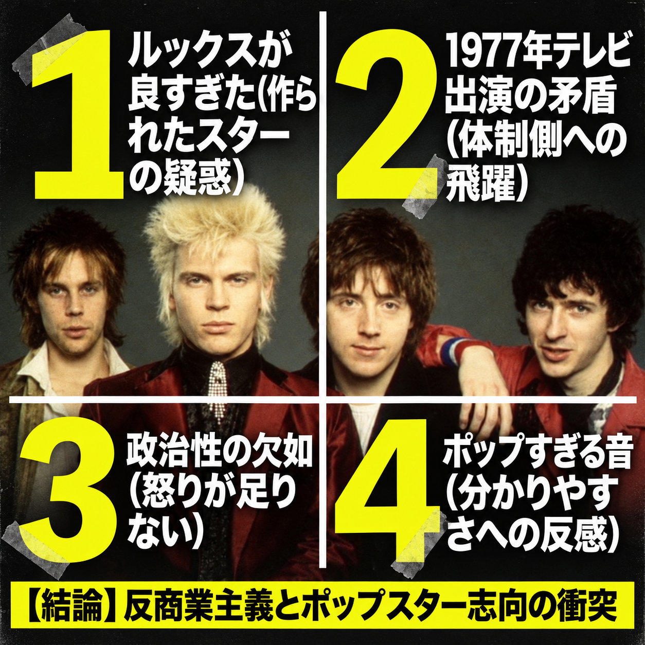 ジェネレーションXが「ダサい」と批判された理由を、ルックス、1977年のテレビ出演、政治性、ポップな音の4項目に分けた比較図。背景にはバンドの4人が写る。