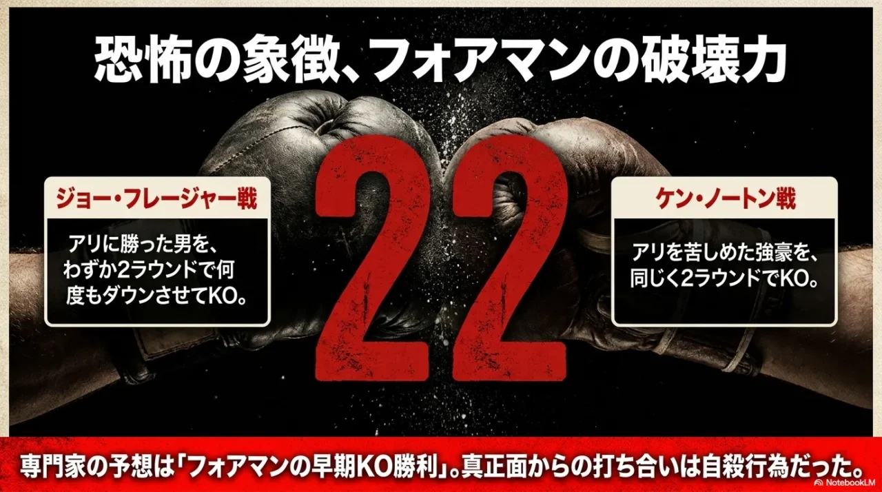 ジョー・フレージャー戦とケン・ノートン戦で示されたフォアマンの破壊力を解説する画像