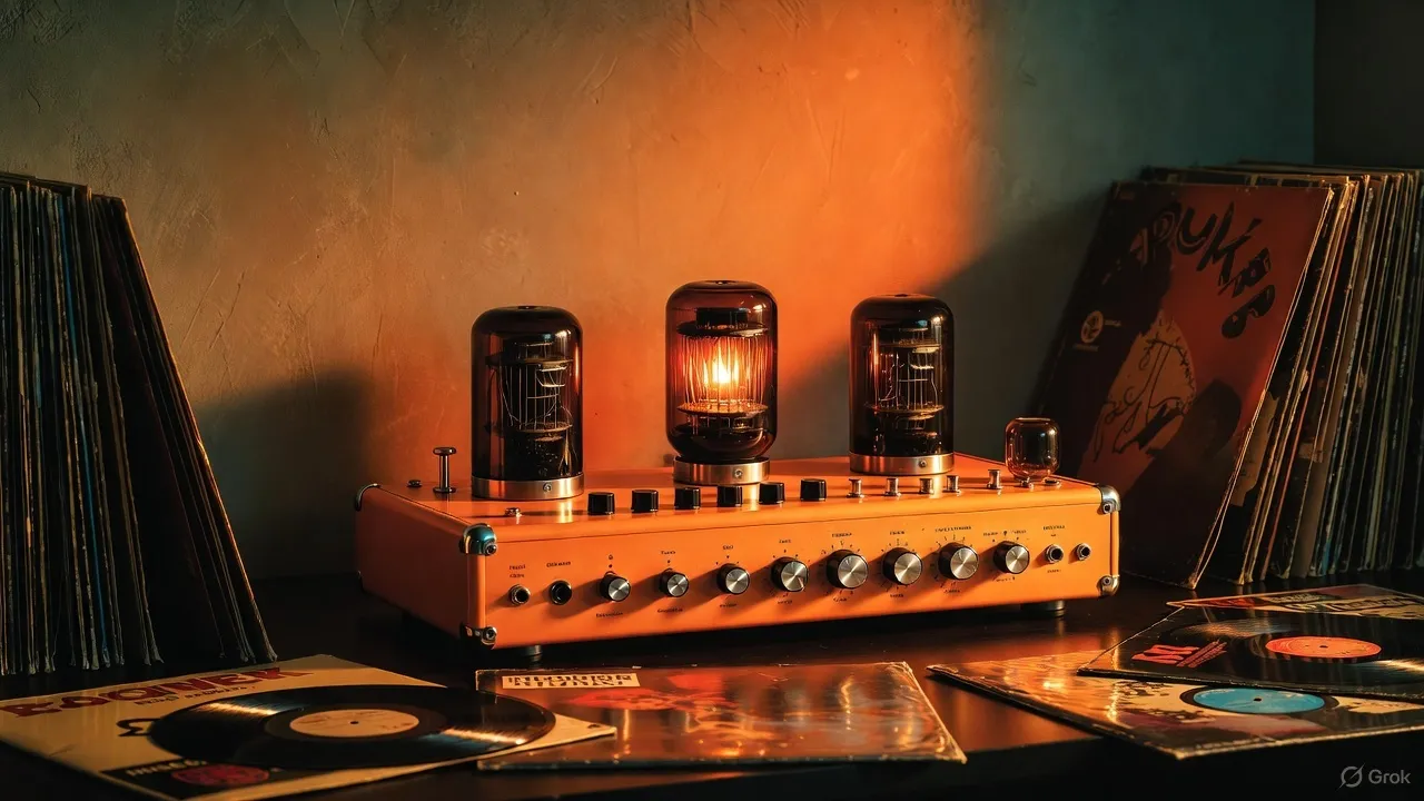 オレンジ色の真空管アンプが温かく光り、周囲にレコードとアルバムジャケットが並ぶヴィンテージなオーディオシーン。