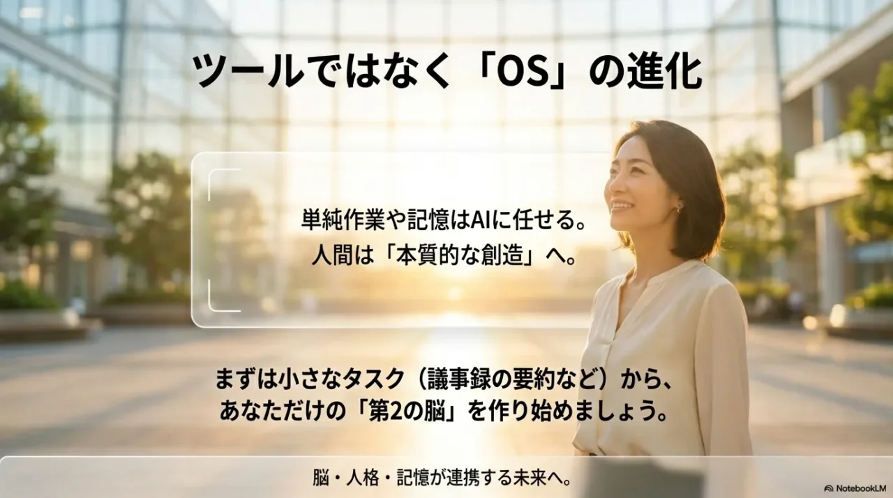 GeminiをCPU、Gemsをアプリケーション、NotebookLMをストレージ（SSD）に見立て、これらが連携して「第2の脳」として機能する様子を描いた概念図。