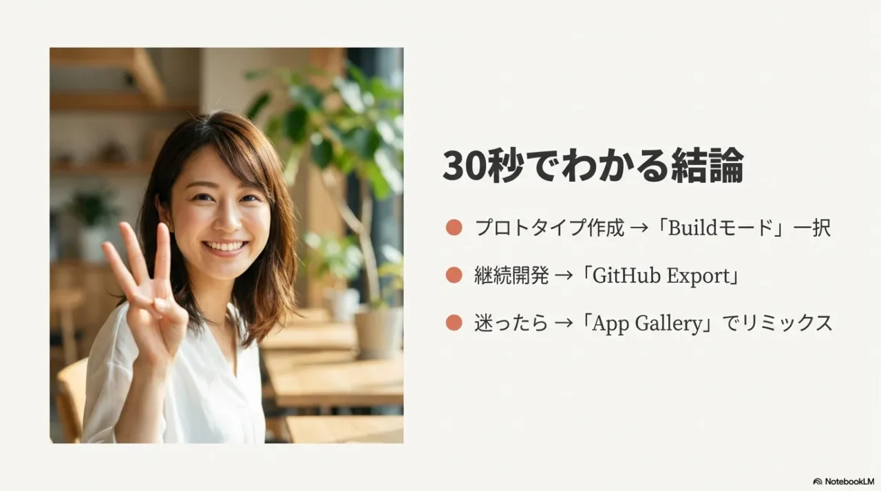 プロトタイプはBuildモード、継続開発はGitHub Export、迷ったらApp Gallery Remixの結論スライド