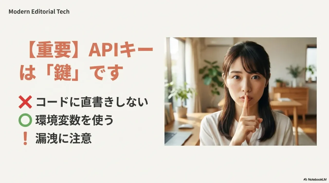 APIキーは鍵なのでコード直書きNG、環境変数で管理する注意喚起スライド