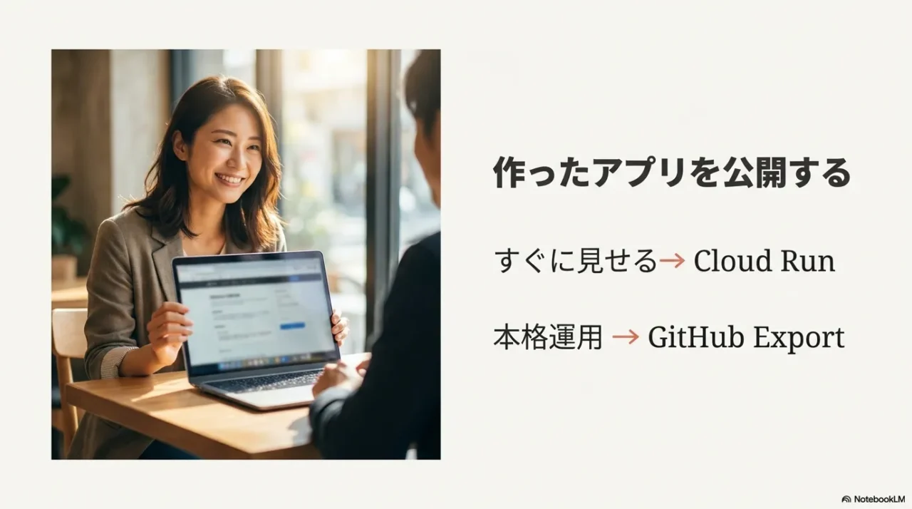すぐ見せるならCloud Run、本格運用ならGitHub Exportという公開方針スライド